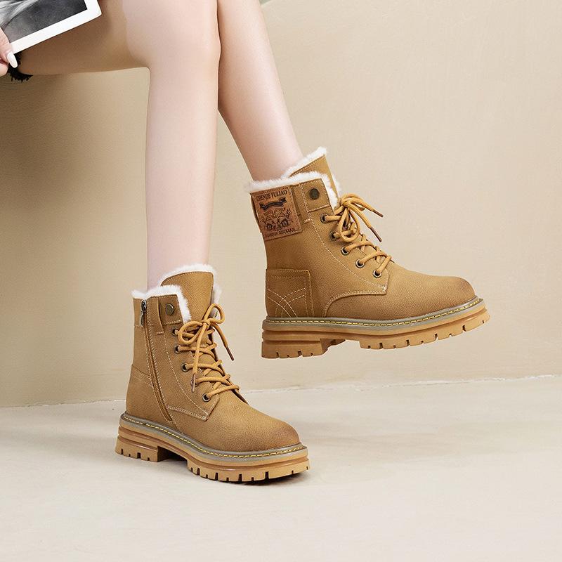 Fleece Martin boots women's autumn and winter new leather thick heel short boots small inner heightening locomotive boots cotton boots