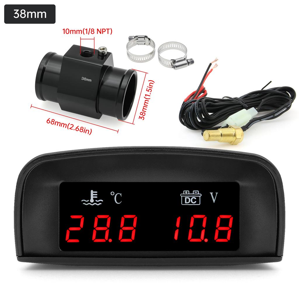 2 In 1 Car Water Temperature + Voltage Gauge LCD Display Digital Water Temp Gauge Voltmeter With 1/8 NPT Sensor Adapter 12V 24V