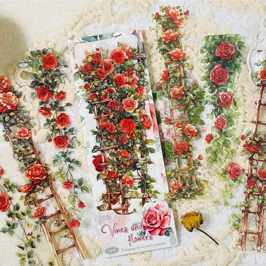 10 PC PET Adhesive Flower Ladder Stickers Adhesive Stickers for Scrapbooking Journals DIY Crafts Decorative Stickers