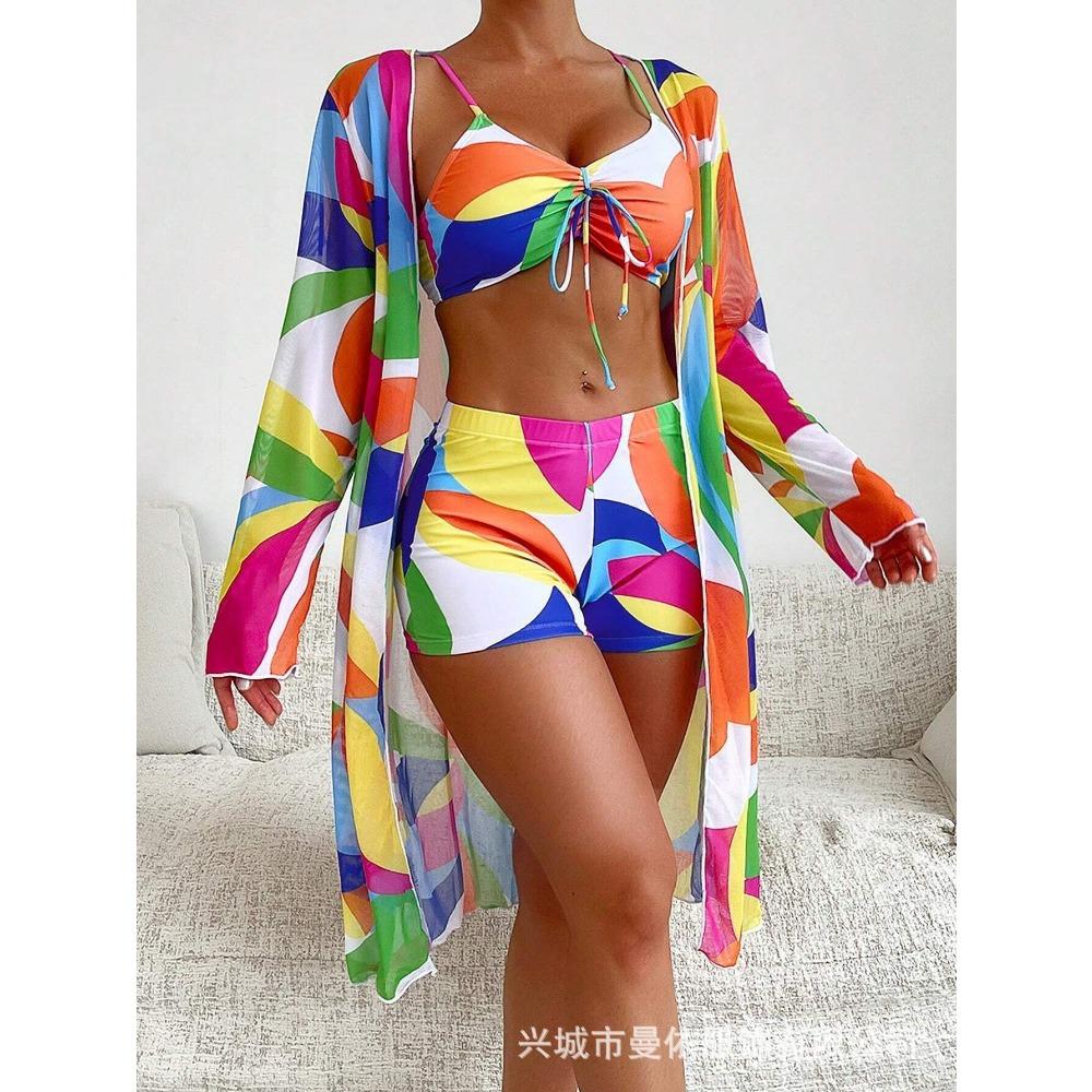 

Женский купальник раздельный трехпредметный с высокой талией и длинным рукавом, сексуальное бикини XL кирпич красный