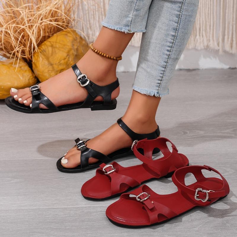 Fashion Minimalist Roman Sandals Women's Summer New Round Toe Metal Buckle Versatile Soft Sole Non-slip Strap Plus Size Flats