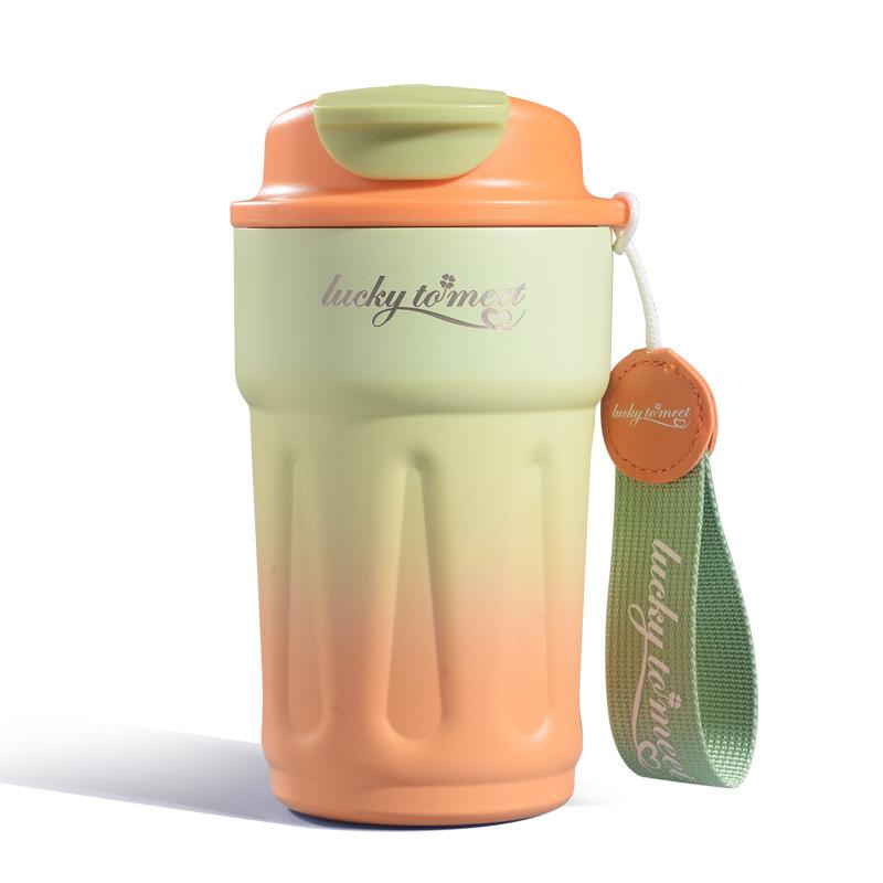 420ml Gradient 316 Stainless Steel Coffee Tumbler, Flip Lid Insulated Travel Mug with Carry Lanyard for Car Office Commute