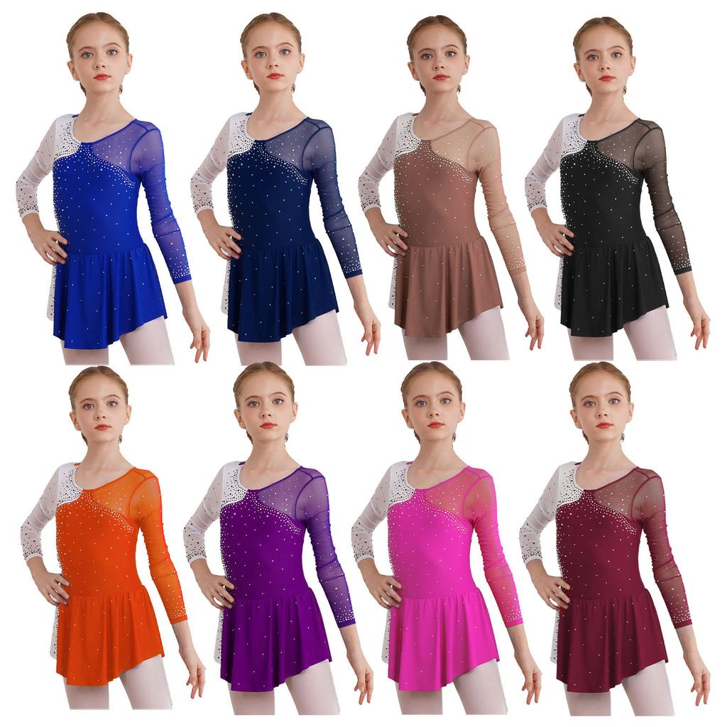 Vestido de patinaje sobre hielo para niñas, leotardo de gimnasia, baile de Ballet, tutú de manga larga, vestidos de malla transparente con diamantes de imitación brillantes, Ropa de baile