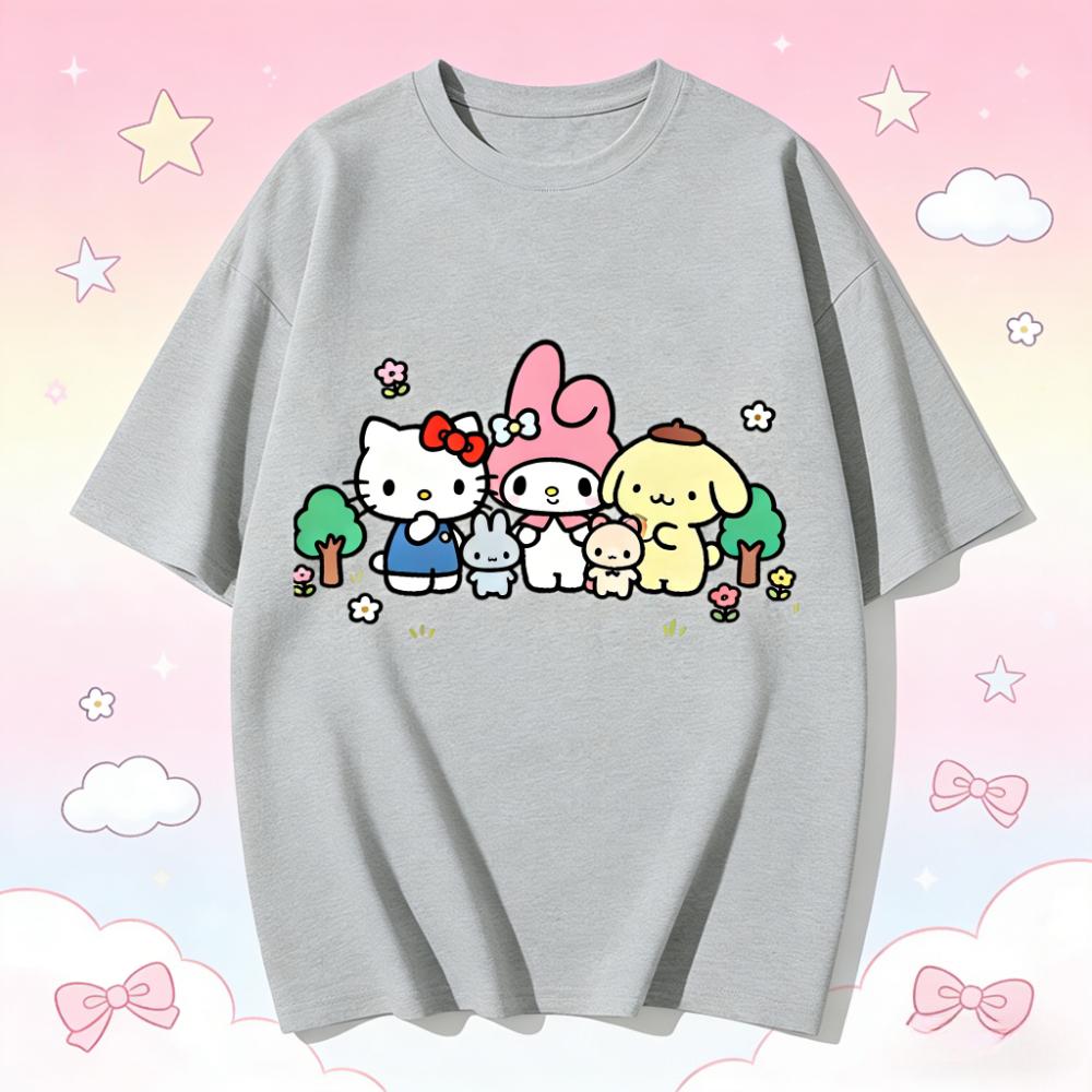 Summer Cute Sanrio Characters Group Print Tshirt Casual Short Sleeve Tee for Mom and Daughter Sweet Family Matching Outfits Top