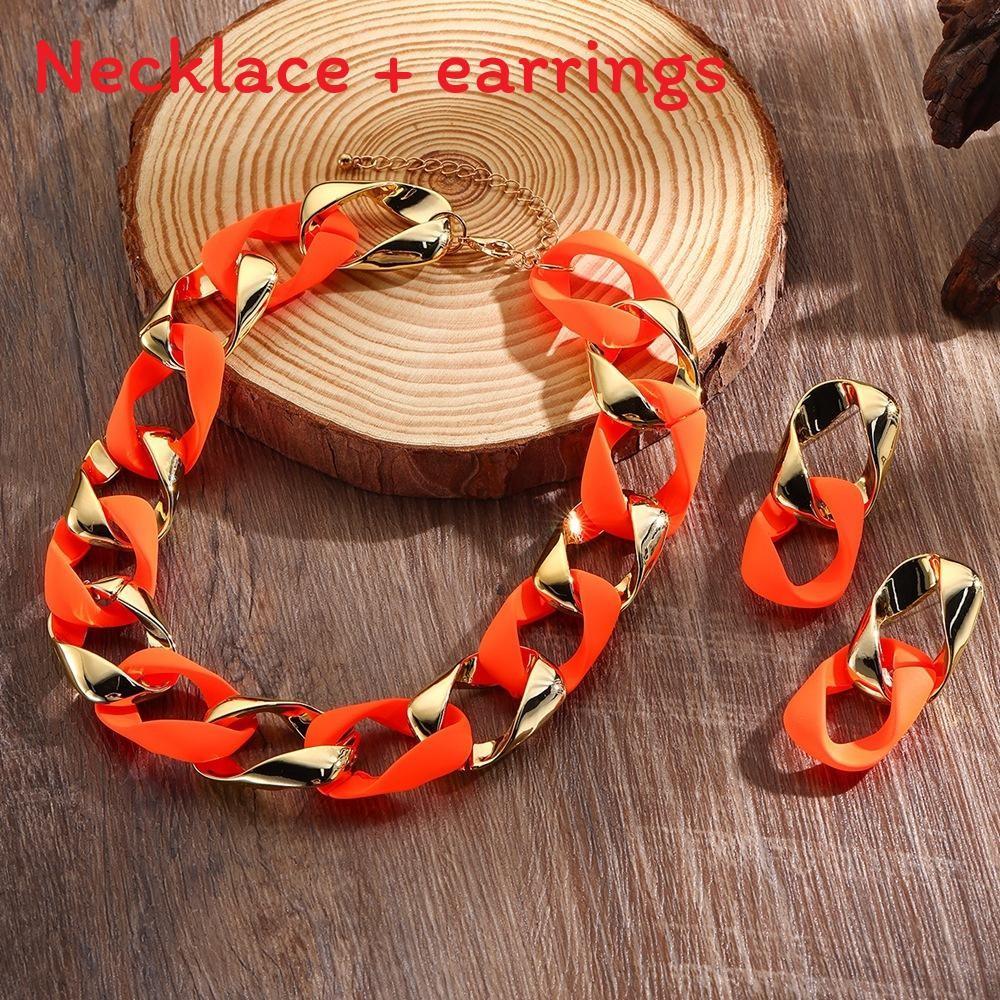 Fluorescent Resin Female Necklace And Earrings Jewelry Set With Electroplated Finish Autumn For