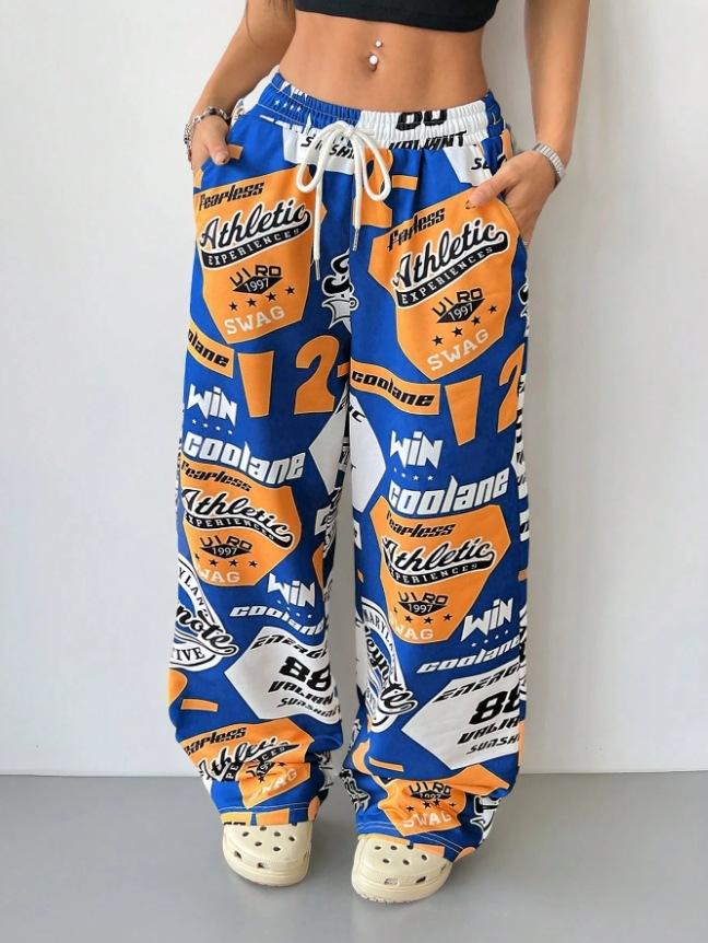 Women Street Hip Hop Style Printed Pocket Loose Casual Wide Leg Long Pants