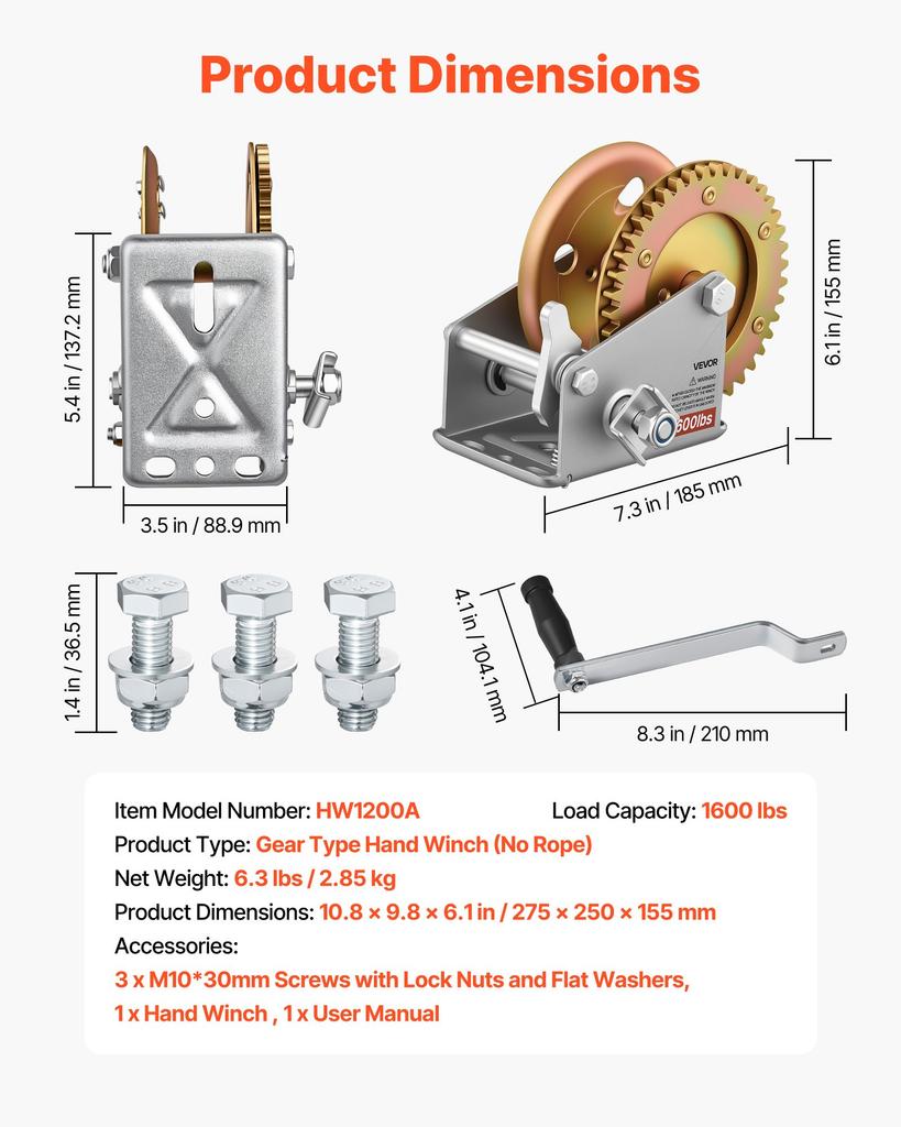 VEVOR Boat Winch, 726 kg Hand Winch, Heavy Duty Manual Rope Crank, Portable Two-Way Ratchet, 4: 1 Gear Ratio
