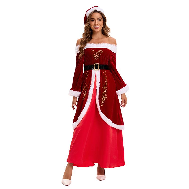 M-6XL Large Size Christmas Costume Santa Claus with Shawl Adult Female Christmas Dress Stage Performance Clothing Full Set