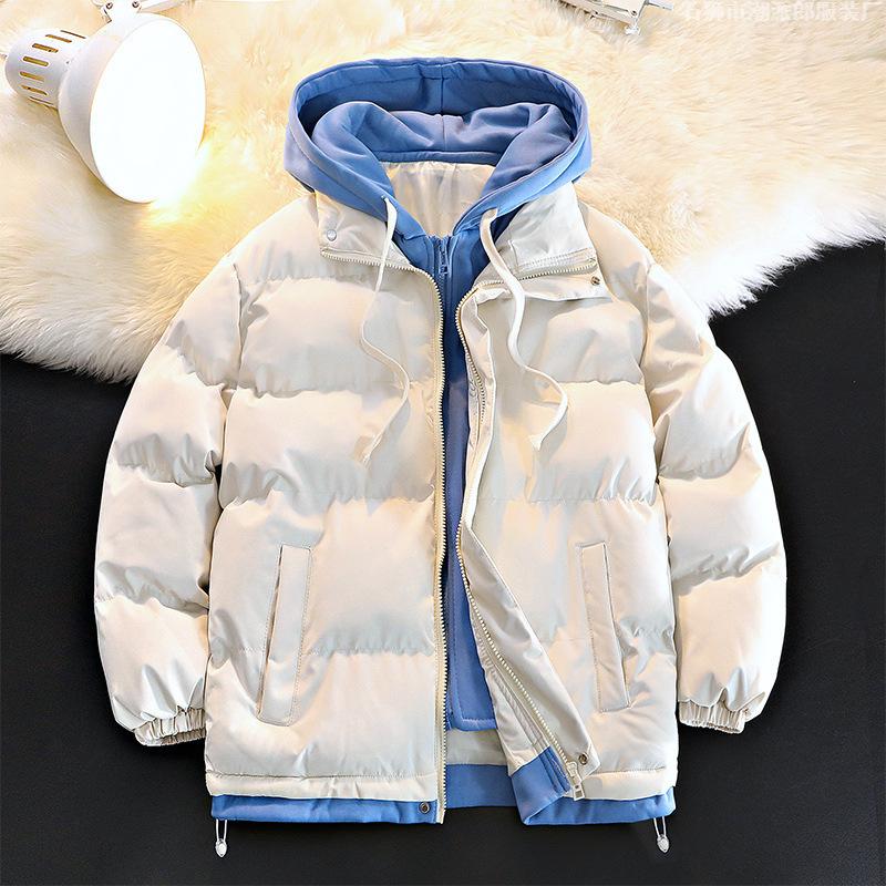 Hong Kong Style Winter Cotton Clothes Fake Two Pieces Trendy Handsome Short Men's Hooded Thickened Cotton-padded Clothes Hooded Loose Men's Insurance