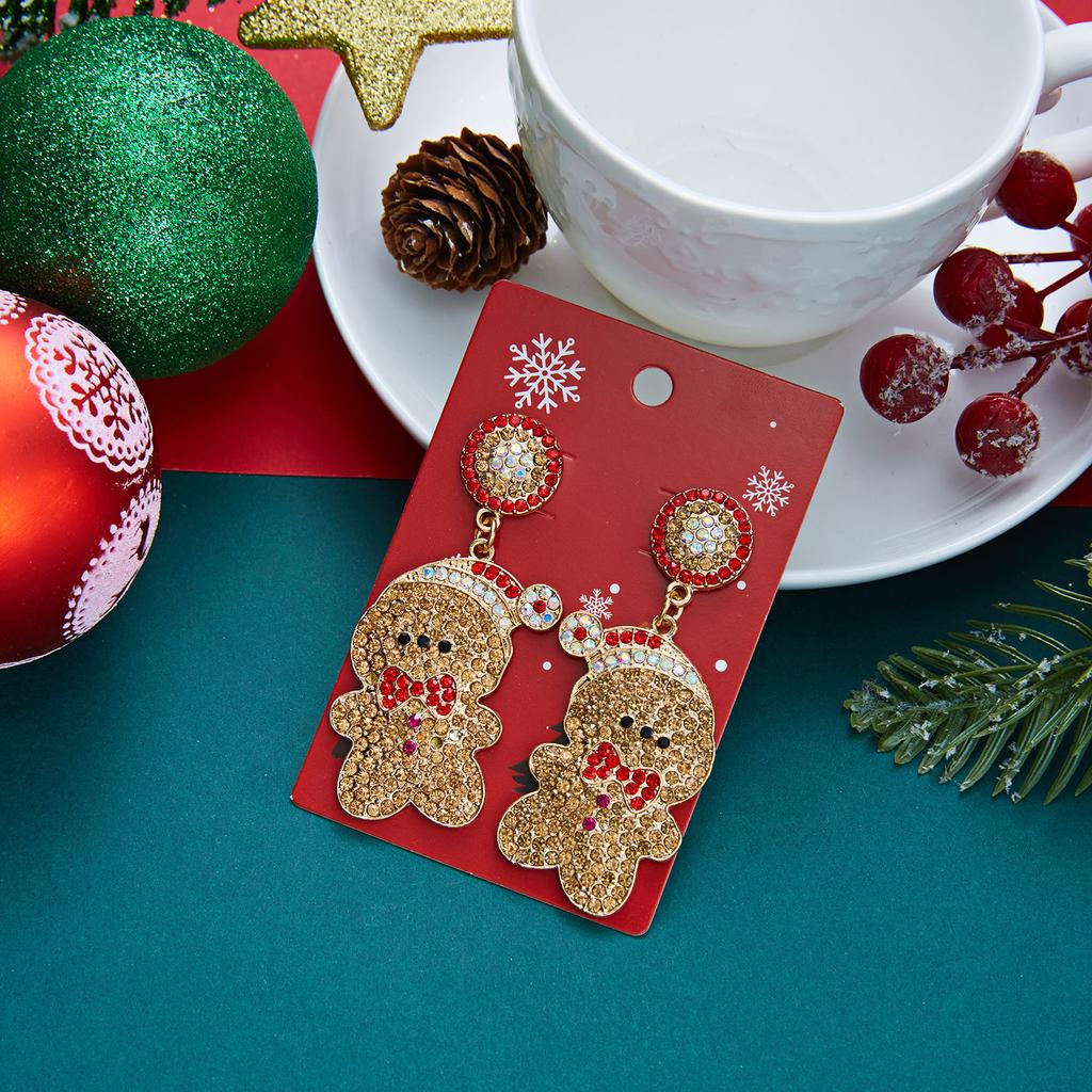 Christmas Rhinestone Gingerbread Man Drop Earrings For Women Candy Cane Bow Snowman Santa Claus Dangle Earring Party Jewelry