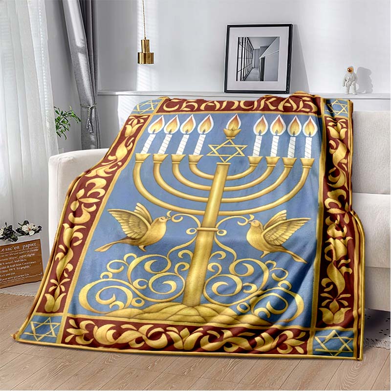 Jewish Hanukkah Golden Menorah Dove Star Of David Vintage Blue Red Border Print Soft Flannel Throw Blanket Warm Sofa Bed Decor Cover For Holiday Fans