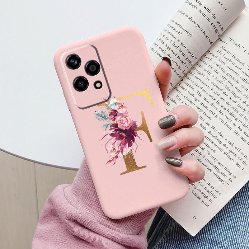 Gold Letter Case For Honor 200 Pro Lite Smart Black Shell Soft Cover For Honor 200Lite Protector Shockproof Funda Pink Flower