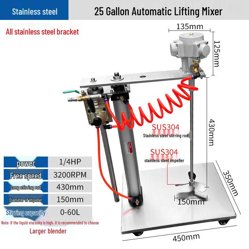 Industrial Auto-Lift Pneumatic Mixer, 25-Gallon
