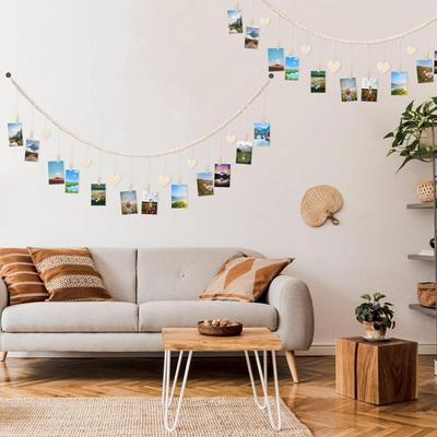 Natural Wood Bead Garland Hanging Photo Display With Heart Wood Clips Handmade Wall Decor For Postcards Pictures Nursery Decor