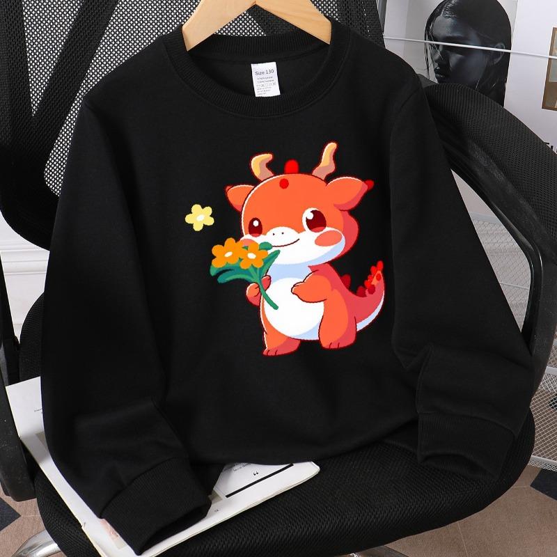 Kids Crewneck Sweatshirt, Cute Orange Dragon Holding Flowers Print, Soft Casual Pullover for Fall Winter