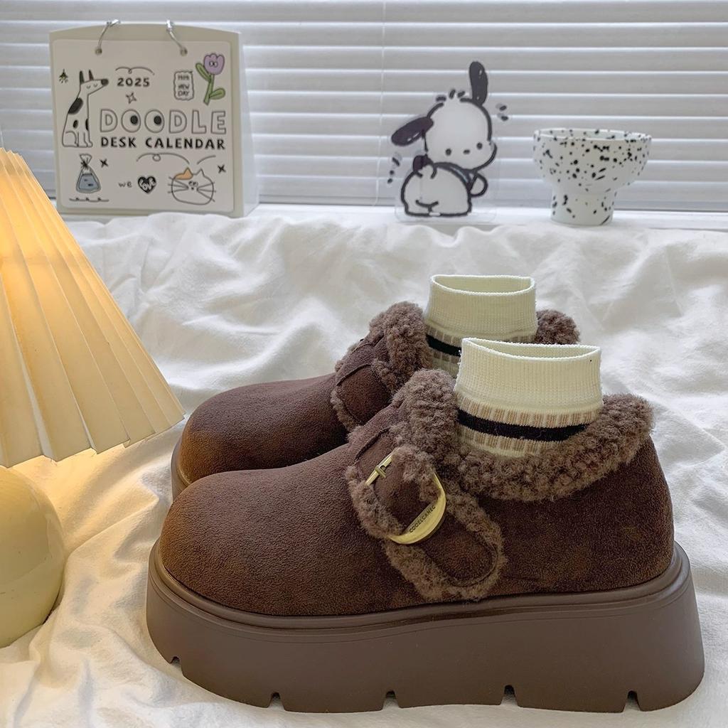 Leather Thick-soled Heightened Piled Thickened Snow Boots Women's Autumn and Winter New Warm Fluffy Cotton Shoes