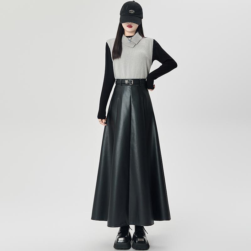 

Осень/зима Длинная кожаная юбка Женская Крутой кофейный цвет Длинная А-силуэта Юбка Хай-стрит Высокая талия ПУ Плиссированная Юбка-зонт XS чёрный