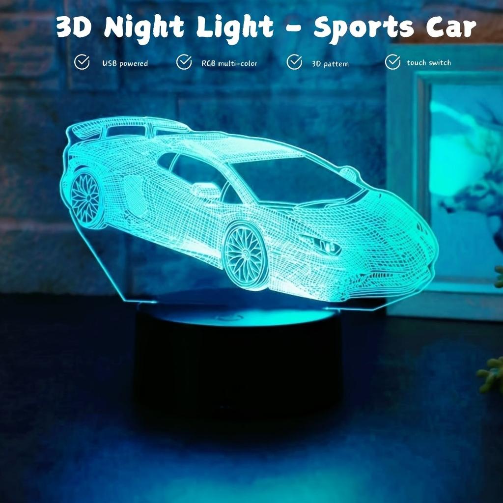 Akrylowa lampka nocna 3D w kształcie sportowego samochodu USB, dotykowa, 7 kolorów, dekoracja biurkowa na imprezę wyścigową w sypialni, lampka atmosferyczna, prezent.