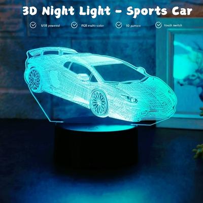 USB Sports Car Acrylic 3D Night Light, Touch 7-color, Bedroom Racing Party Themed Desktop Decoration Atmosphere Gift Light.