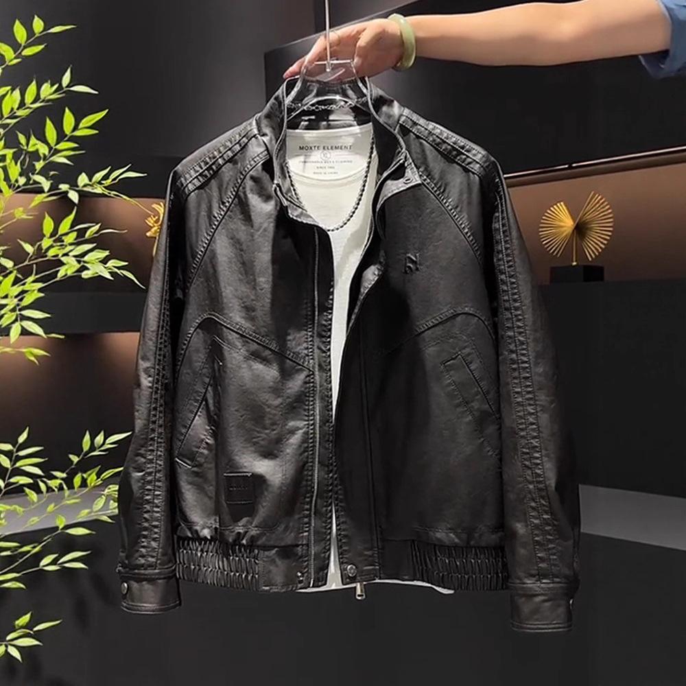 Jesenná a zimná pánska kožená bunda amerického retro štýlu s mikrovláknom a podšívkou z plyšu, s golierom stojáčikom, motorkárska bunda