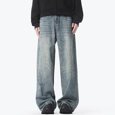 American Heavy Industry Washing and Old Jeans Men's Wind High Street Straight Wide-leg Trousers