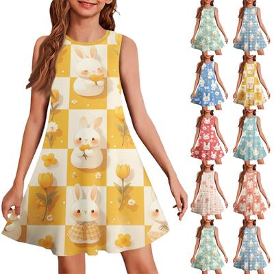 Girl Summer Dress Sleeveless Easter Printed Color Casual Dress