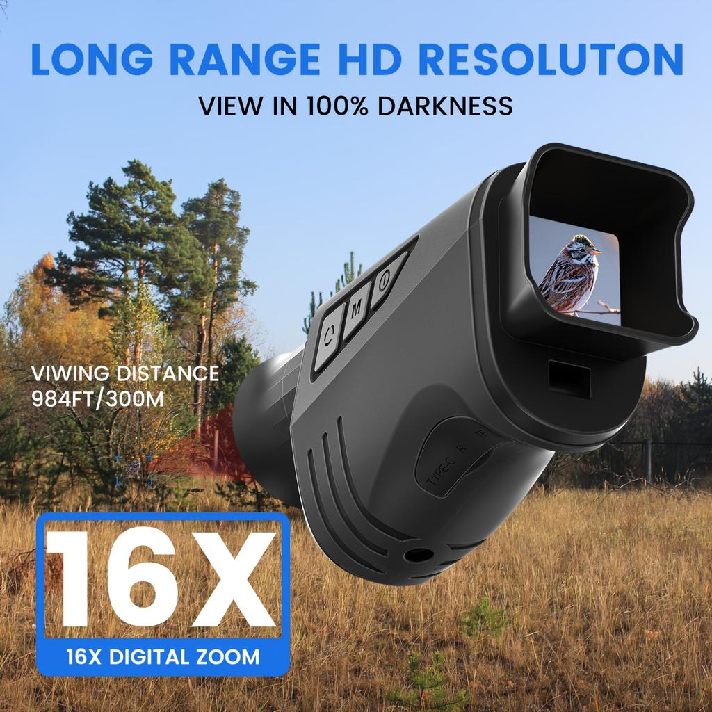 16X Dijital Zoomlu 1080P HD Tekli Dürbün, 7 Seviyeli Parlaklık Ayarı, Tam Karanlıkta 300 Metreye Kadar Net Görüntüleme