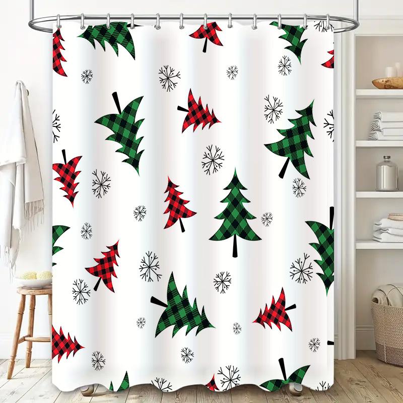 Festive Christmas Decor Shower Curtain Red Green Plaid Holiday Tree Pattern Printed Bath Linen Decoration Waterproof Washable H