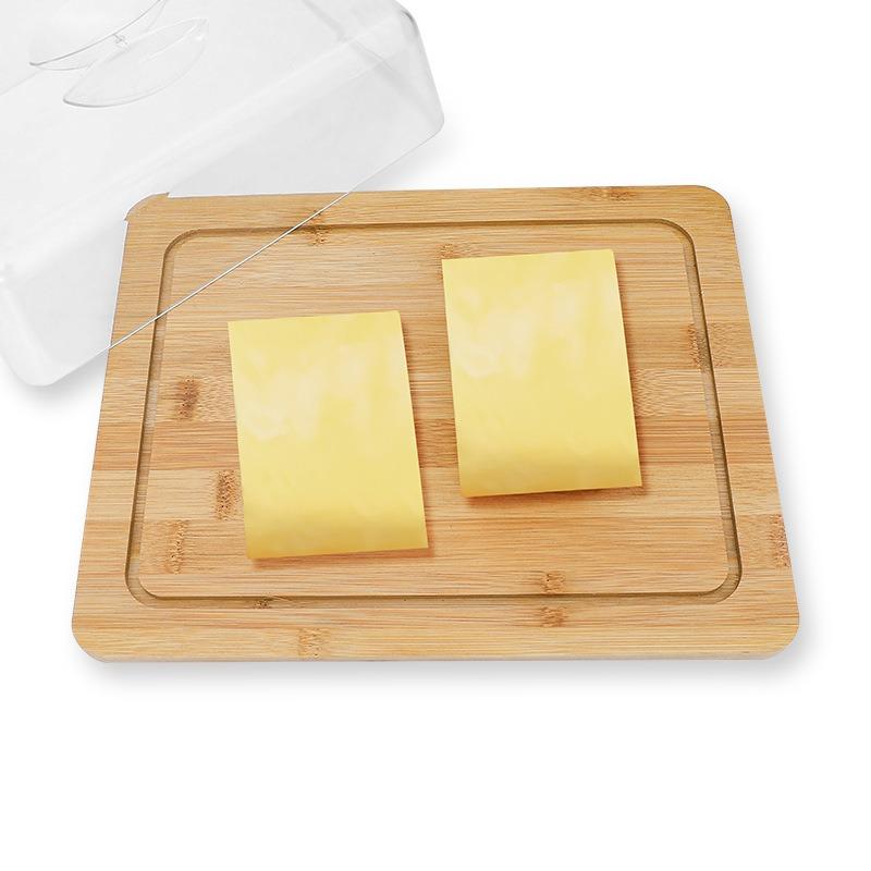 1pcs Bamboo Butter Container with Lid Transparent Butter Tray Cheese Storage Box Food Freshness Preservation Kitchen Organizer