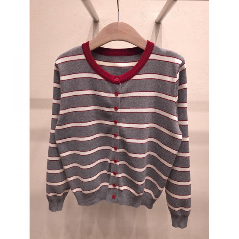 Shop   Women S contraSt Striped Round Btn lS Knit Cardigan Gray 21dS Wcd260093
