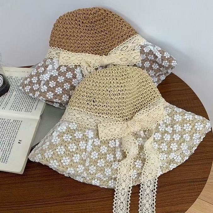 Straw Hat Women's New Small Fresh Lace Straw Hat Summer Travel Sun Protection Hat Big Brim Beach Sun Hat