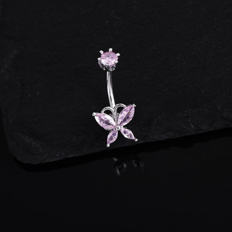 Cute Pink Butterfly Zircon Belly Button Rings Fashion Y2K Style Navel Piercing Jewelry for Girls Dating Wear