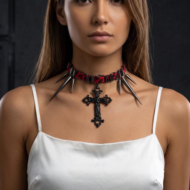 Punk style cross rivet red leather choker sweet cool babes collarbone chain niche design necklace female