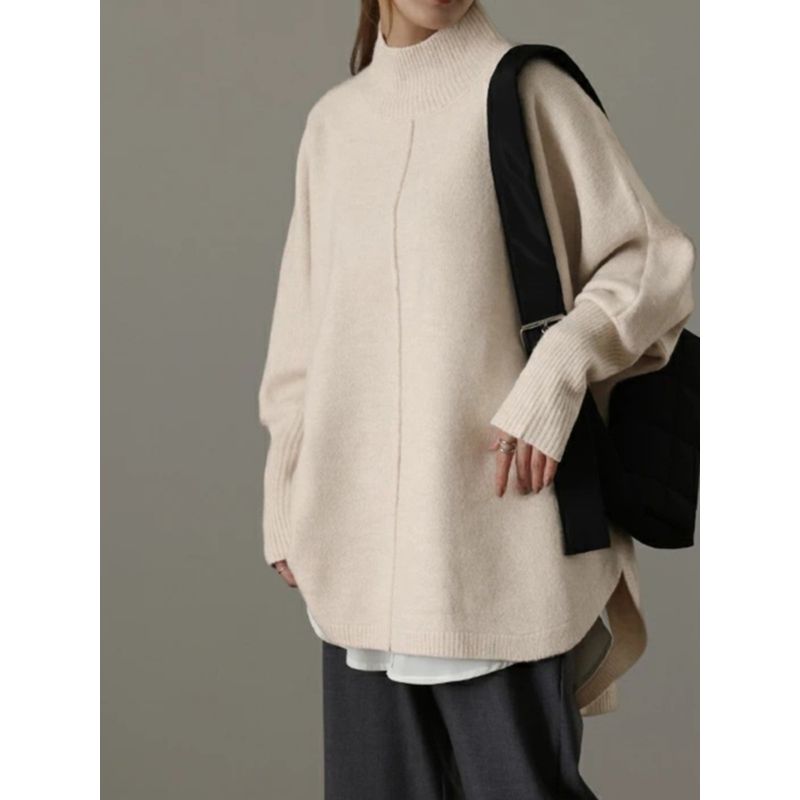 Fall and Winter New Arrival Women's Clothing Loose Slimming Slit Half High Collar Knitwear Pure Color Long Sleeves Pullover Sweater