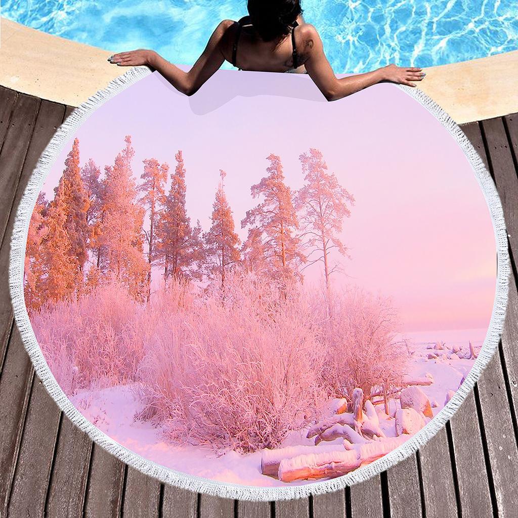 Winter Snow Landscape Round Beach Towel, Microfiber Soft Shawl Beach Blanket, Absorbent Quick Dry Portable Pool Towel Picnic Mat