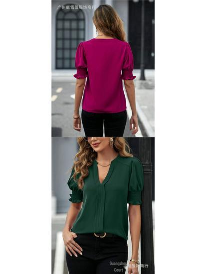 Women's Summer V-Neck Puff Sleeve Solid Color Top
