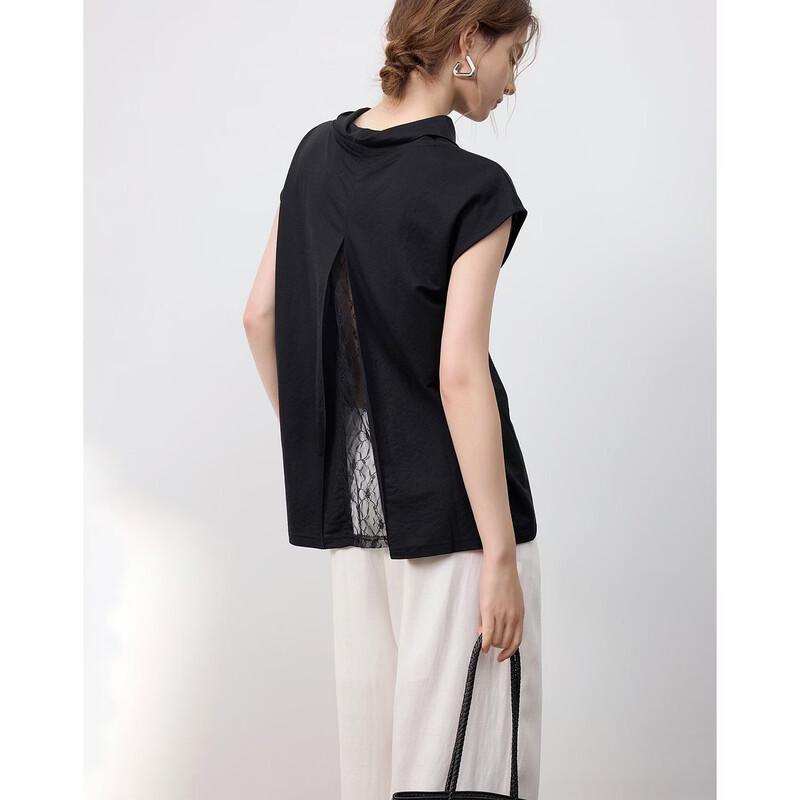 Women s Elegant Cowl Neck Lace Splicing Short Sleeve Tee S