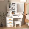 Sminkbord med LED-belyst spegel, Sminkbord med 4 lådor och öppna hyllor, Sovrums-sminkbord med pall
