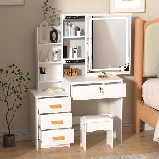 Makeup Vanity Desk with LED Lighted Mirror, Vanity Table with 4 Drawers and Opening Shelves, Bedroom Dressing Table with Stool