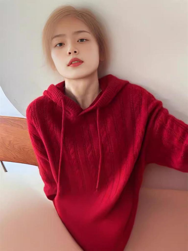 Women's Hooded Pure Wool Cable Knit Sweater - Loose Slimming Fit, Solid Color, Ideal for Autumn/Winter