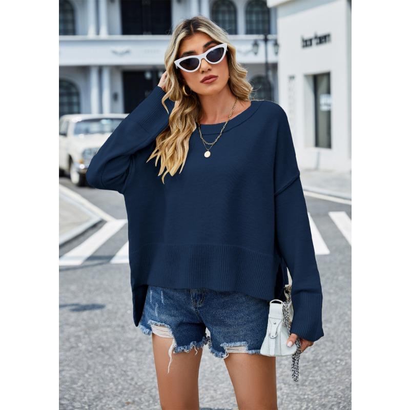 Autumn and Winter Women's Sweater Solid Color Round Neck Knit Loose Flared Sleeve Pullover Sweater