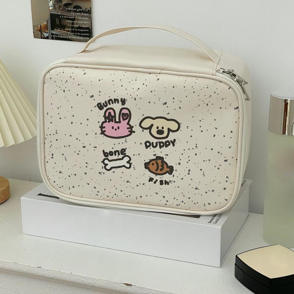 Portable Cartoon Print Sorting Cosmetic Bag Large Capacity with Handle Makeup Bag Square PU Travel Toiletry Bag