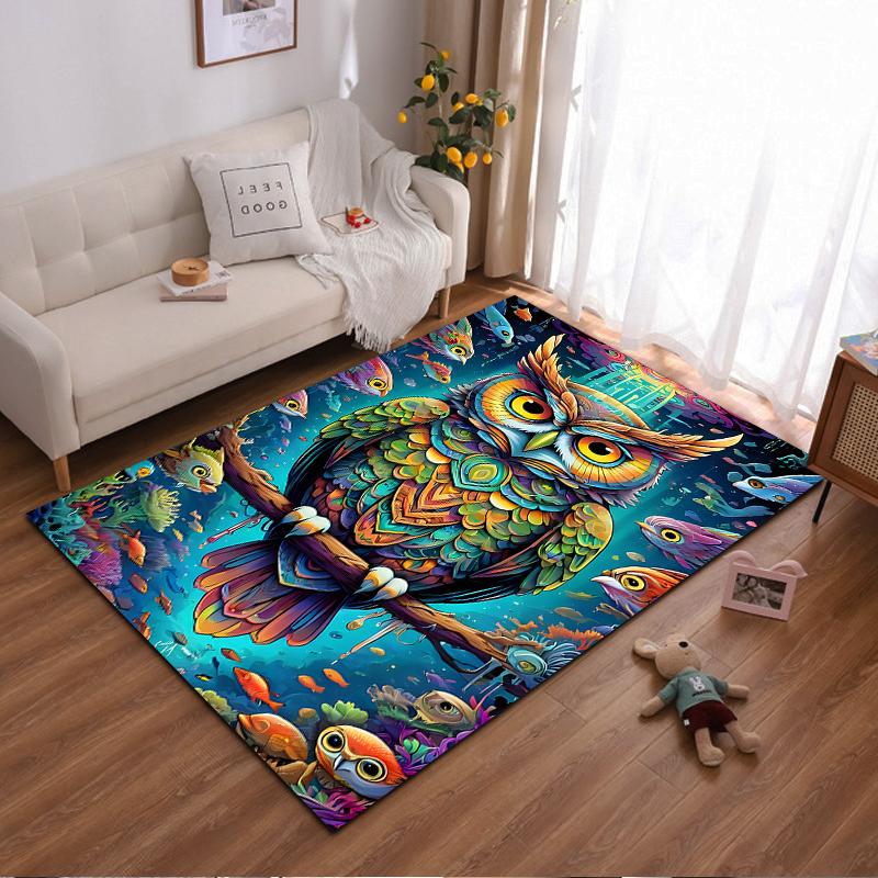 Colorful Owl and Fish Pattern Carpet with Vibrant Artistic Design Suitable for use as an anti-slip for living room bedroom sofas 40x60cm( 15x23in )