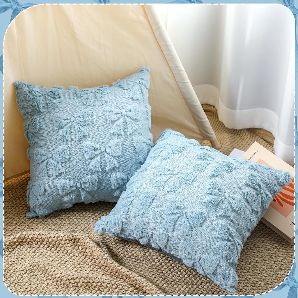 2Pcs Bow Throw Pillows, Quilted Plush Soft Decorative Cushion Cover for Sofa Bedroom Chair, Home Decor