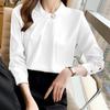 Women's Stand Collar Long Sleeve Loose Fit Blouse Pleated Satin Office Shirt