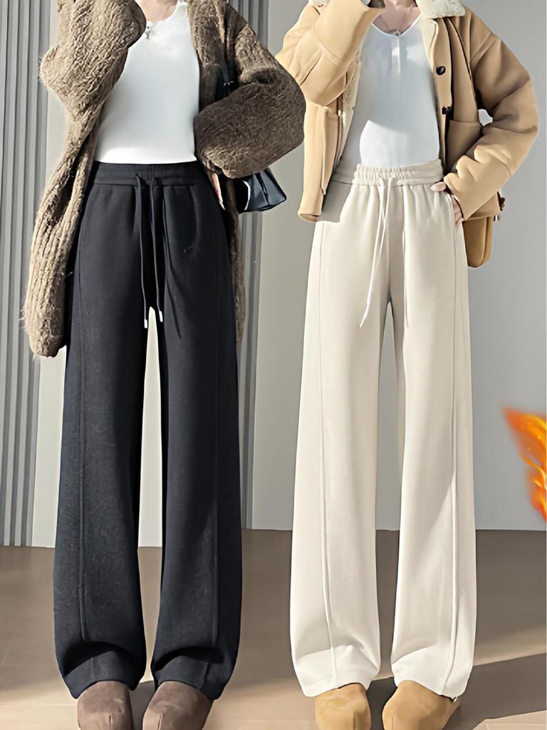 Women's High-Waisted Woolen Wide-Leg Pants - Plus Velvet Thickened, Loose, Casual, Autumn/Winter, Slimming, Straight-Leg Sweatpants