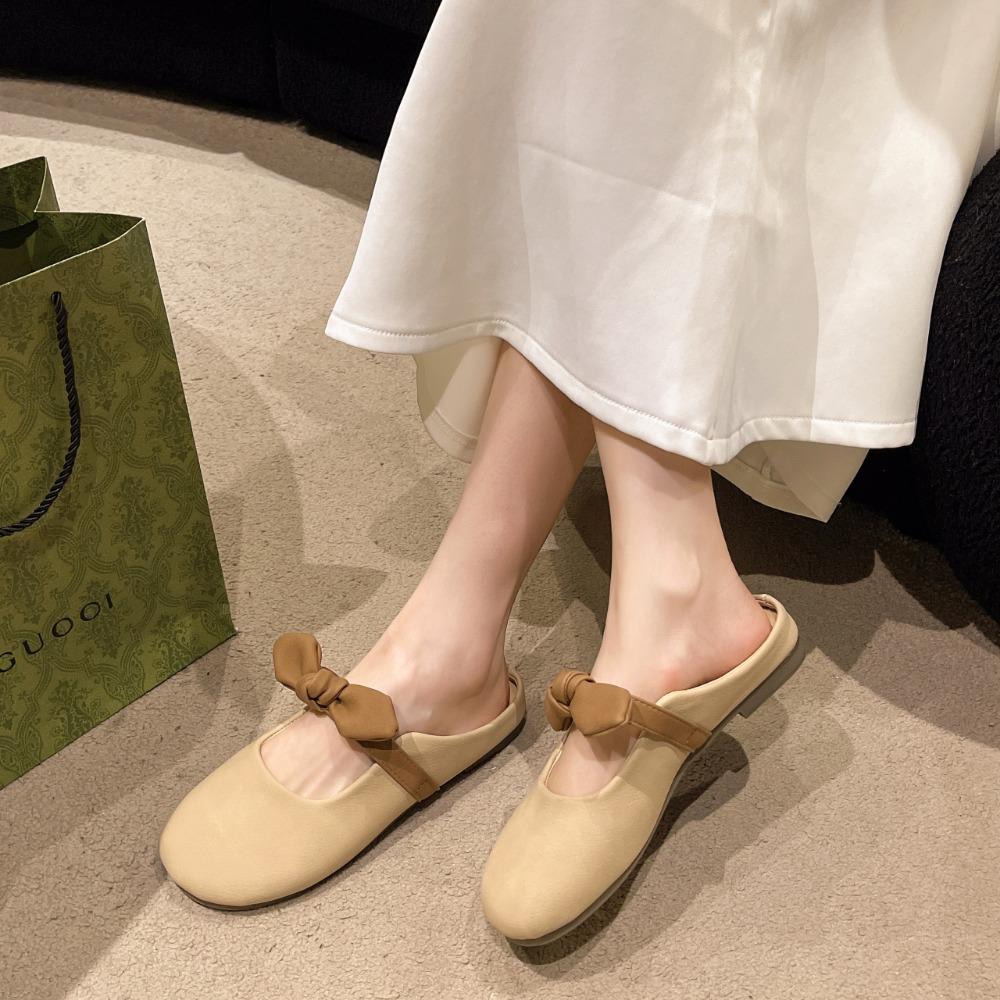 Fashion Closed Toe Slides Women 2024 Korean Style Fashionable Round Toe Women's Slippers Elegant Bow Decoration Summer Daily Slippers