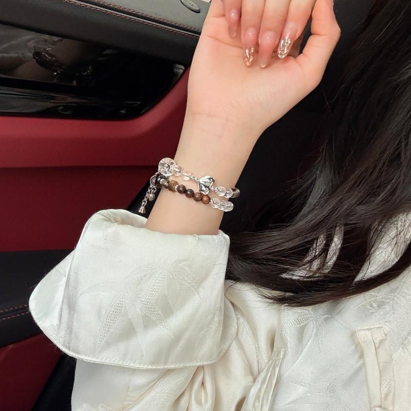 New Chinese Style Double Circle Bracelet Women Ice Obsidian White Crystal Rosewood 6mm Handmade