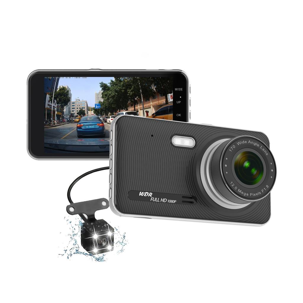 4-inch Dashcam, IPS HD 1080P Car DVR, Dual Front and Rear Cameras, Supports Reversing Camera Function.