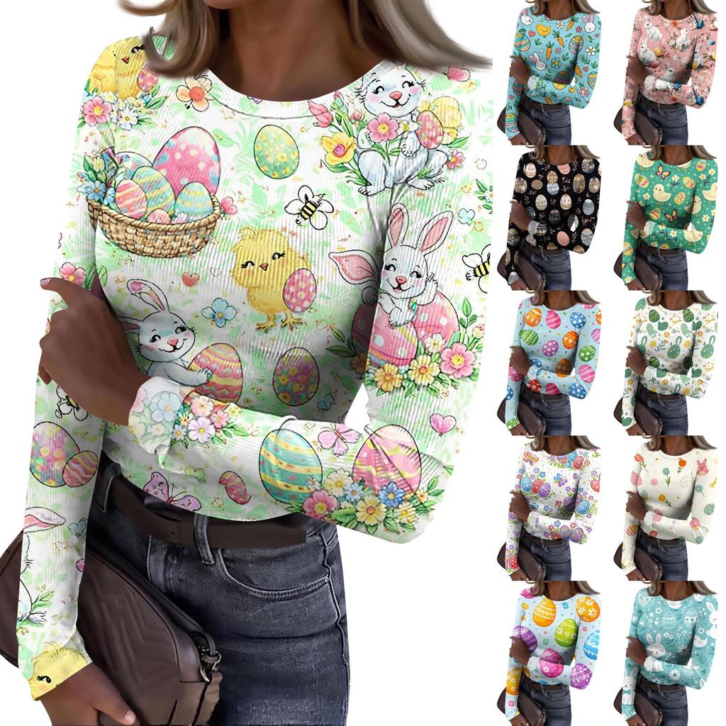 T-shirt da Donna Invernale Slim alla Moda Casual Stampata Girocollo Pullover Manica Lunga Top